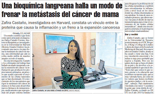 Bioquímica Langreana halla un modo de frenar la metástasis del cáncer de mama.